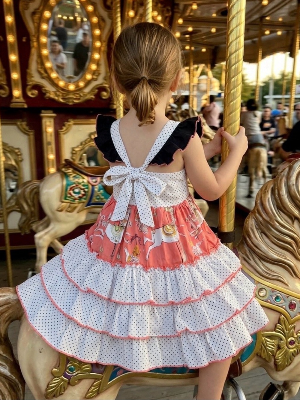 Olive Mae Girls Tiered Polka Dot & Carousel Print Dress in pink and White